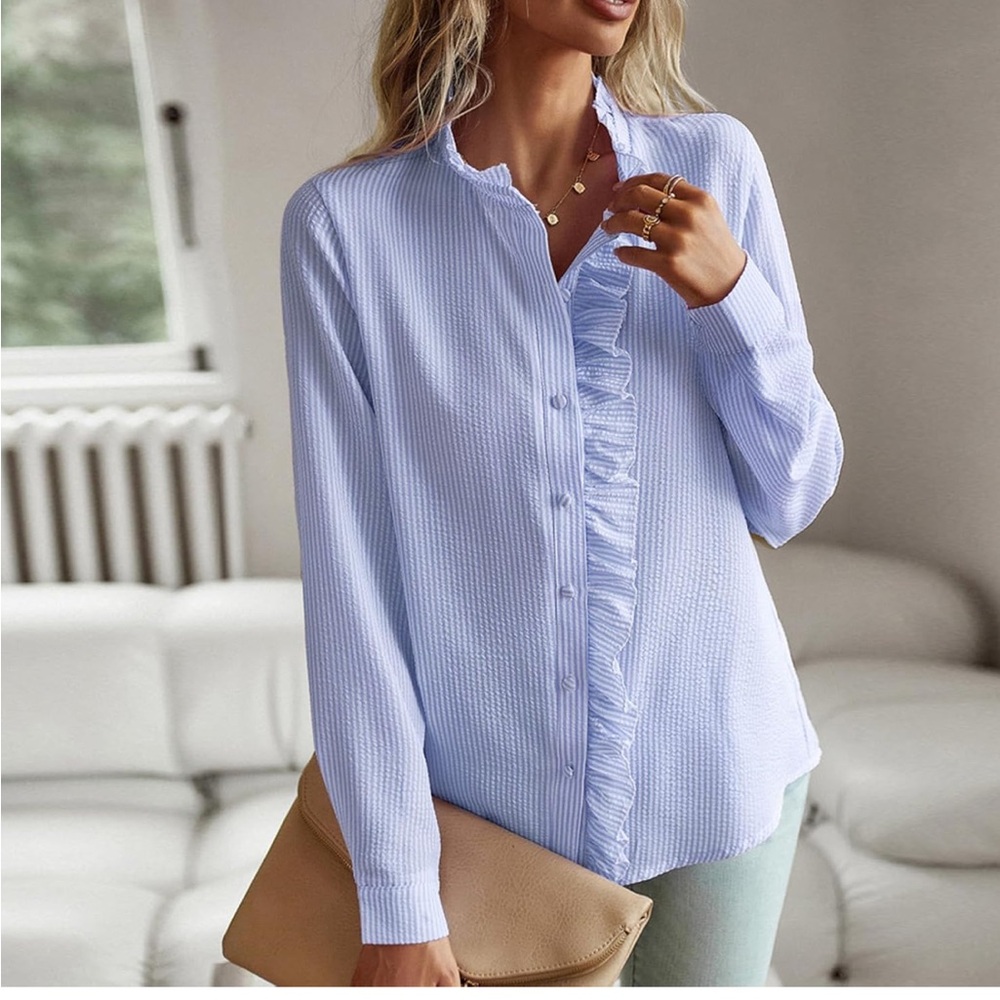ePretty Light Blue Button Down Shirt with Ruffles